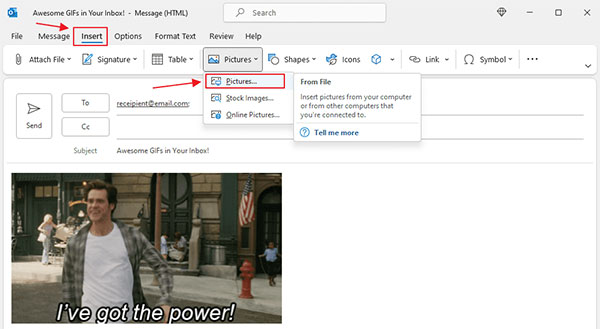 Choose Inline to display your GIF in your email