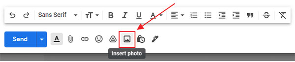 Simply, Click on ‘upload’, then ‘insert a photo into your Gmail account’