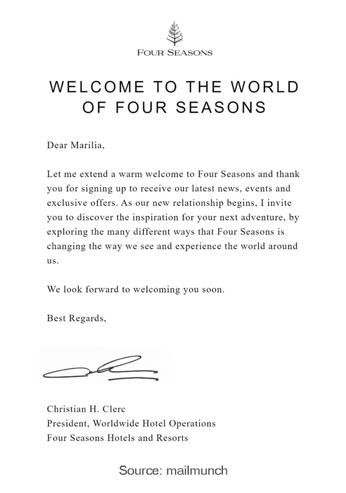 Four Seasons – (Classy Welcome Email)
