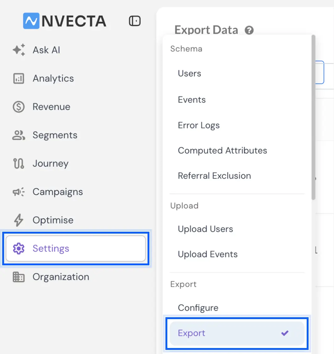 NVECTA Settings menu with Export highlighted under the Export section