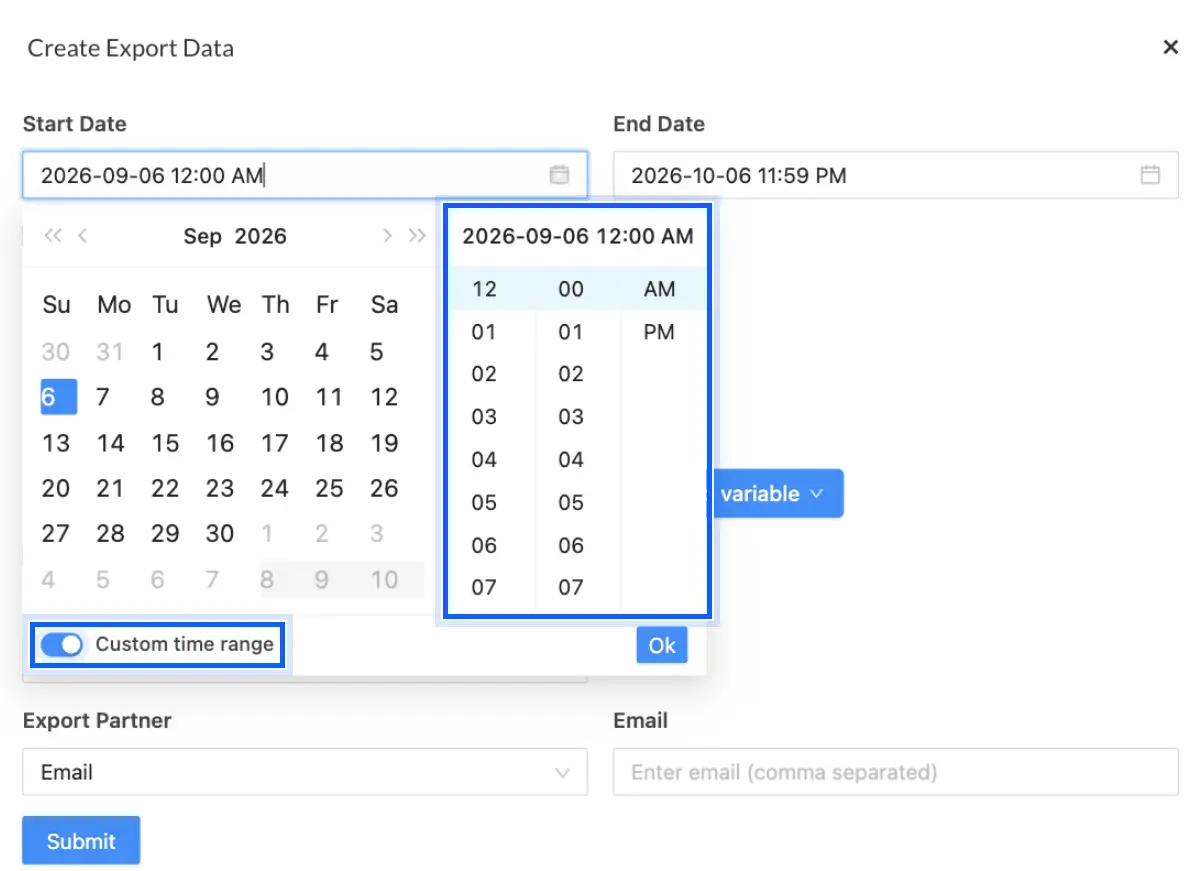 Start Date picker with the Custom time range toggle on and the time set to 12:00 AM