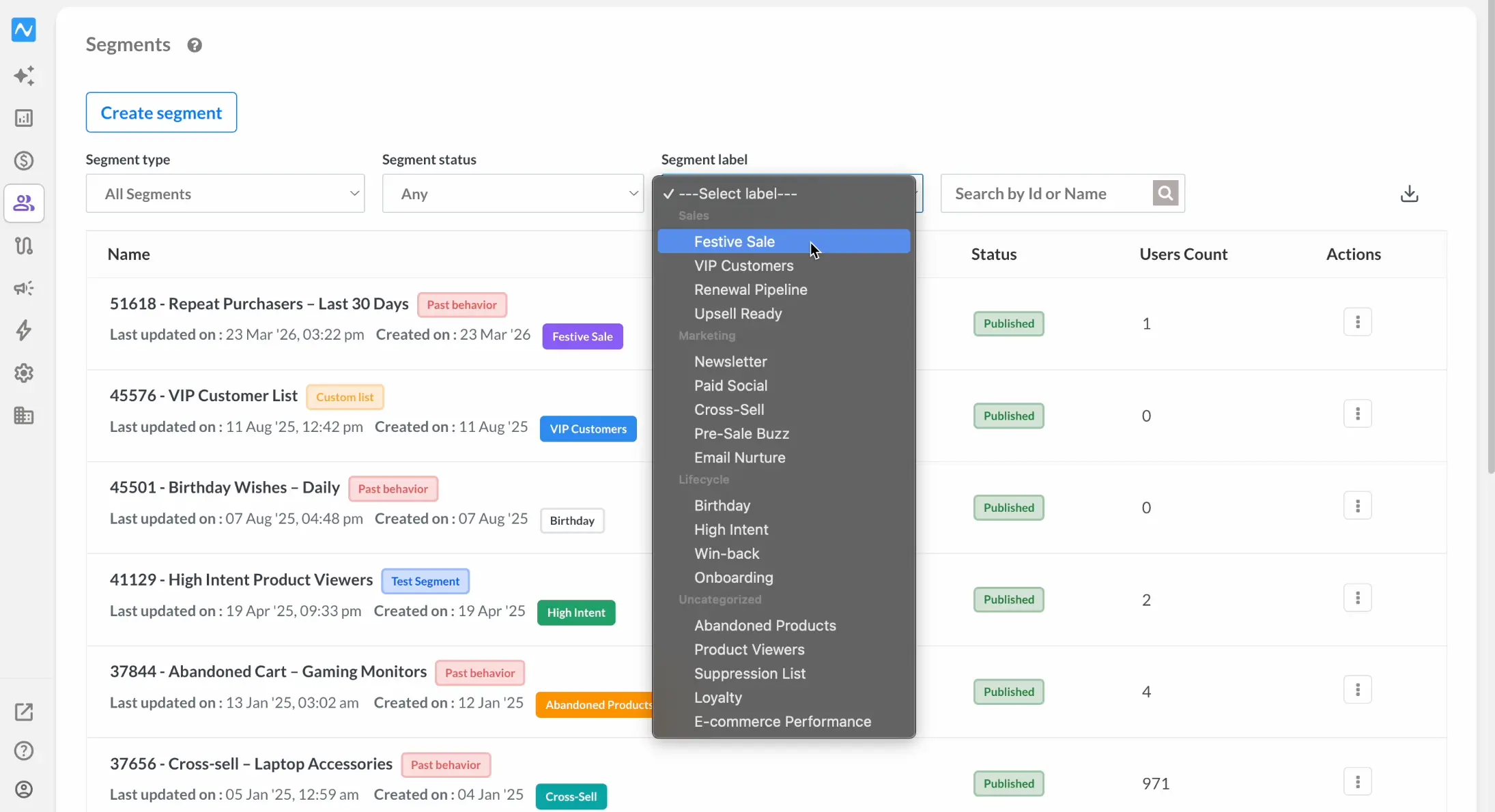 Segment label filter on the Segments screen grouped by category