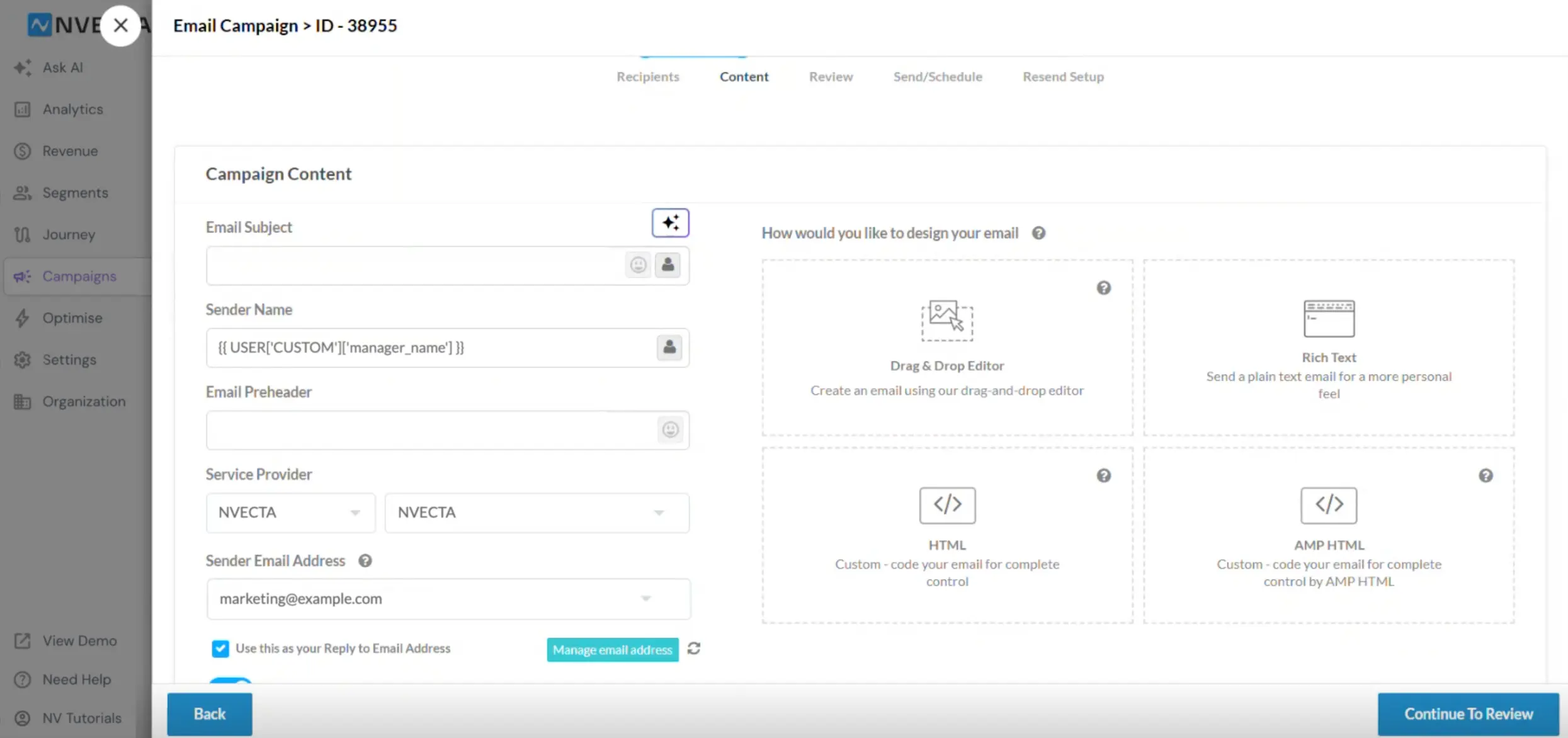 Campaign Content panel with a personalization token in the Sender Name field
