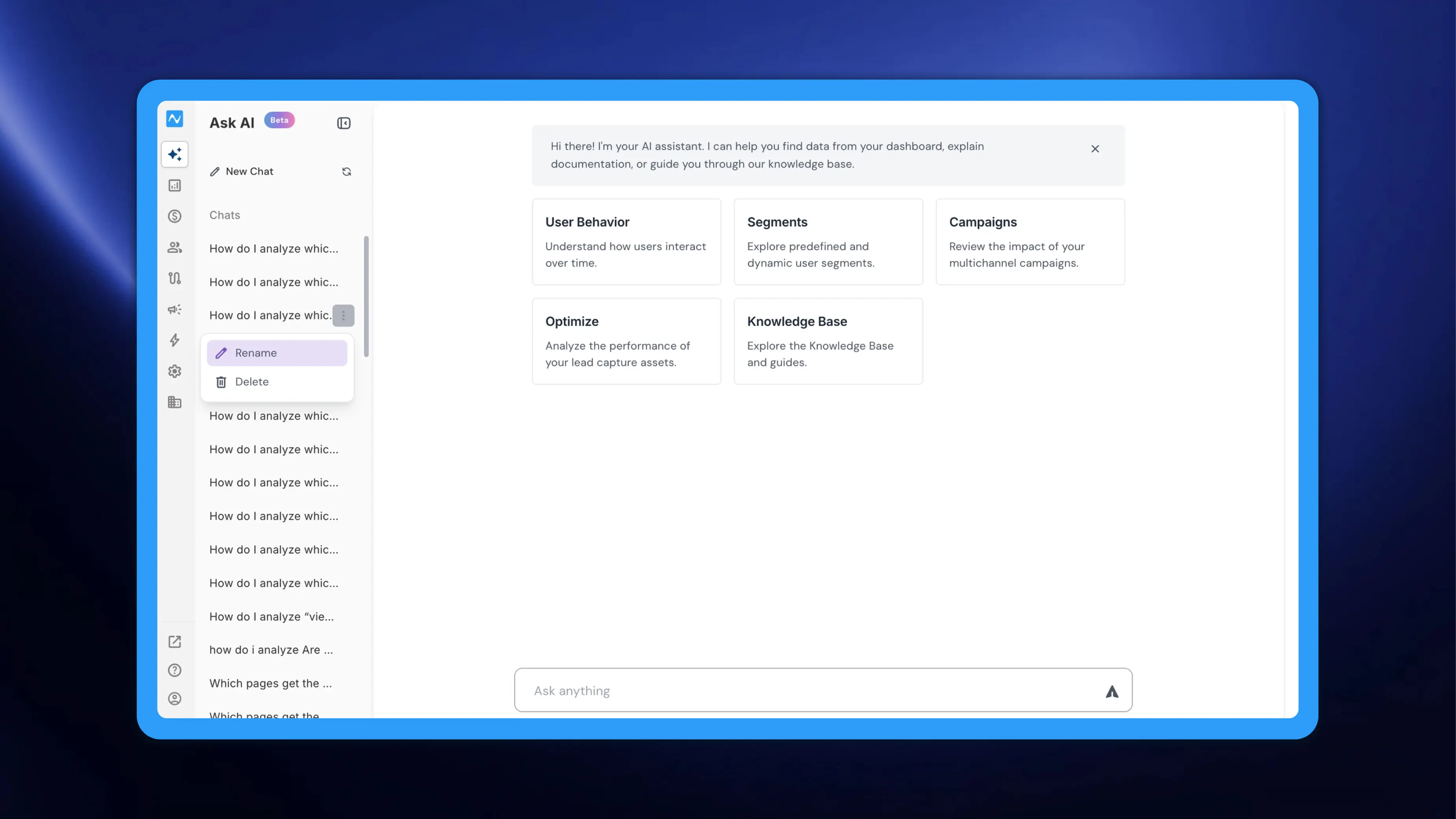 Ask AI: rename chat threads and preview prompts on hover