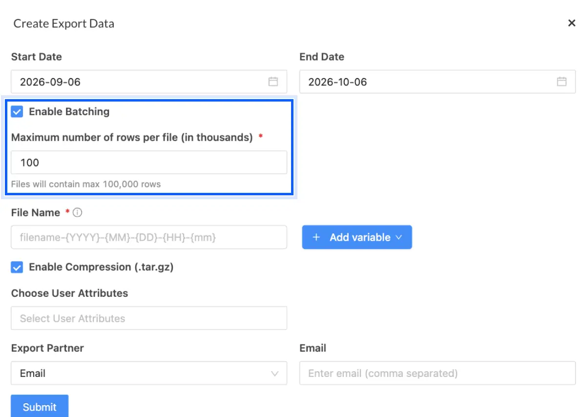 Enable Batching selected with a limit of 100 thousand rows per file