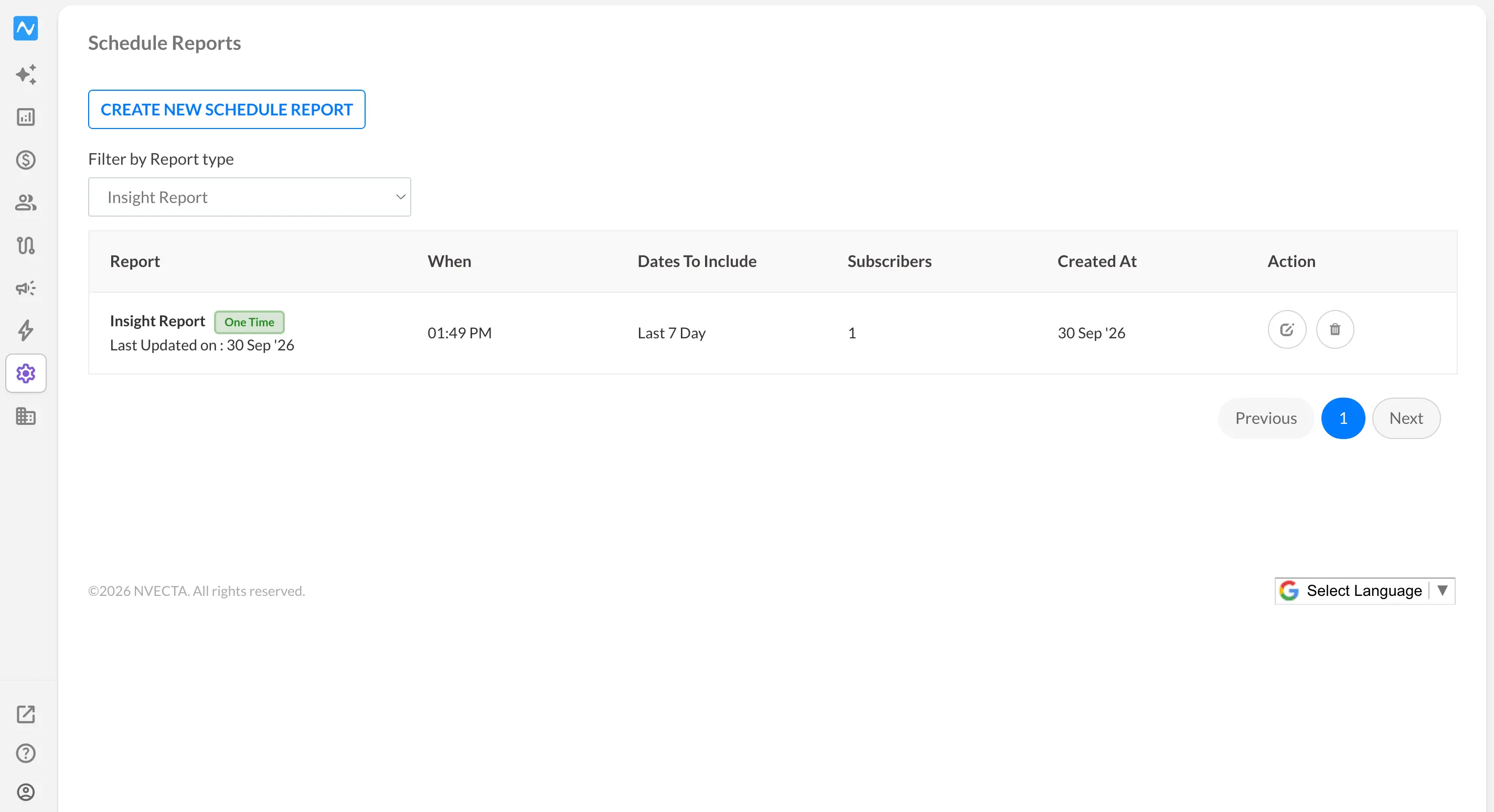Scheduled Reports section listing a scheduled Insight Report with its time, date range, subscribers and edit and delete actions