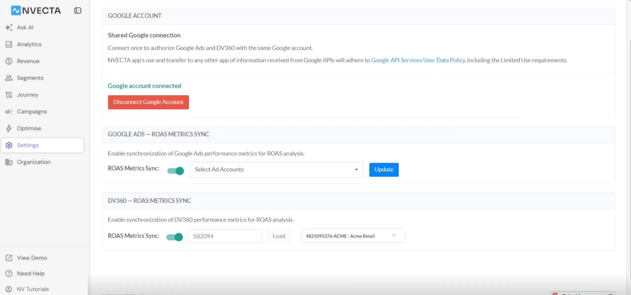 Remarketing Ads settings with the DV360 ROAS Metrics Sync toggle, partner ID and account selector