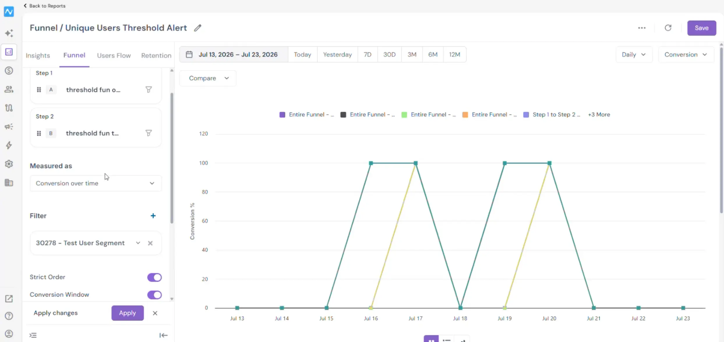 Funnel report with a segment chip applied under Filter and the Apply changes button