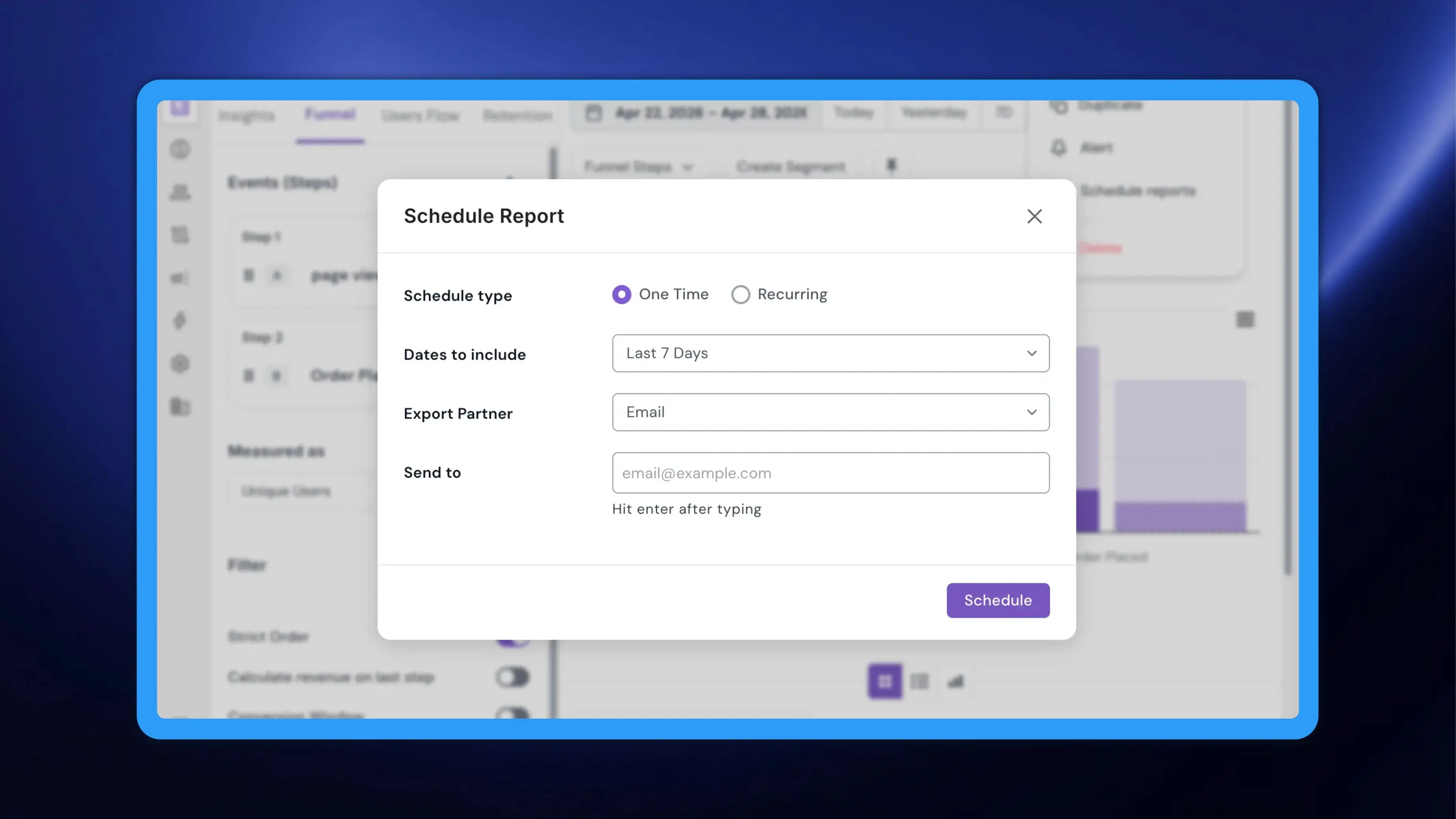 Schedule reports from Insights and Funnel: set up delivery without leaving the report