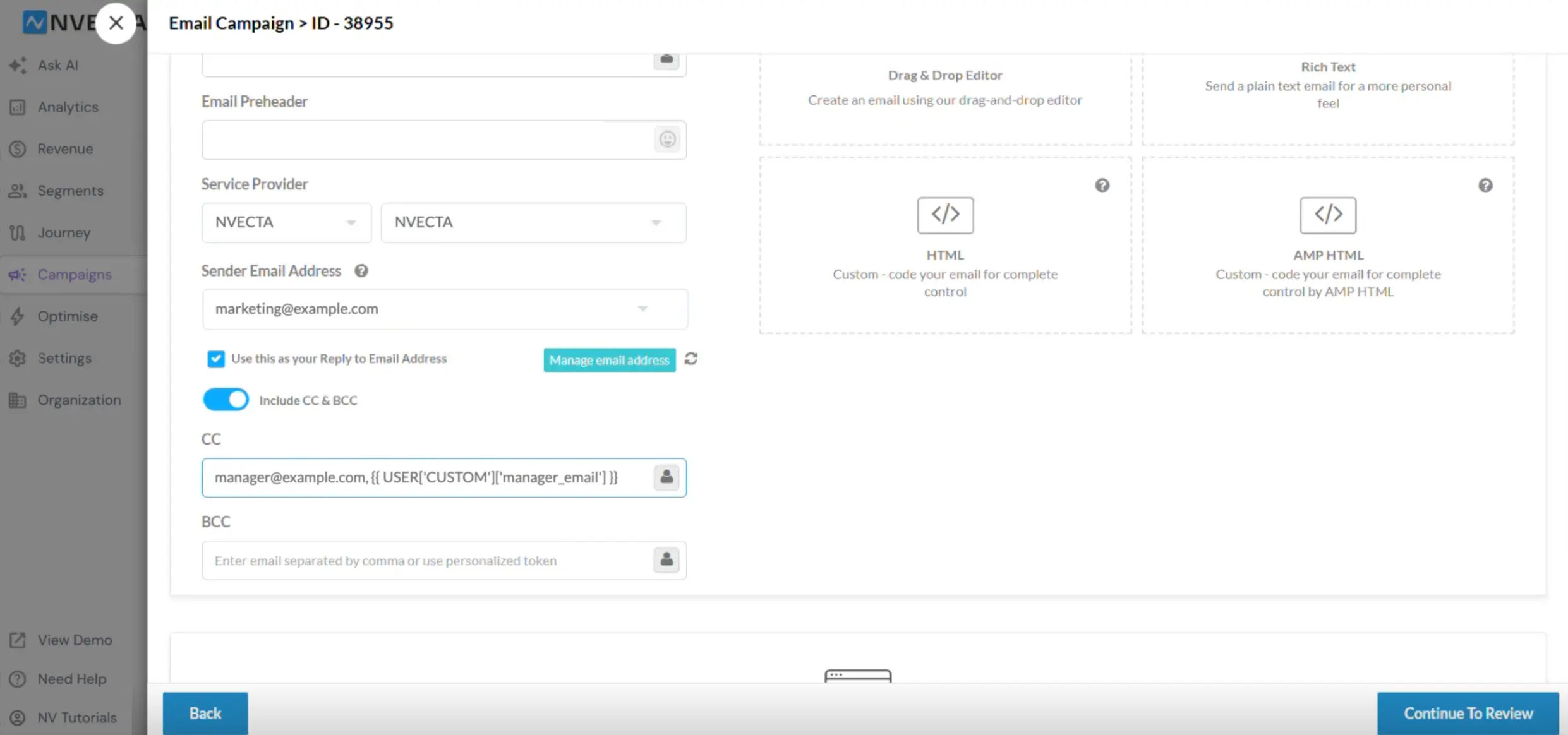 Email campaign Content stage with Include CC & BCC switched on and the CC and BCC fields