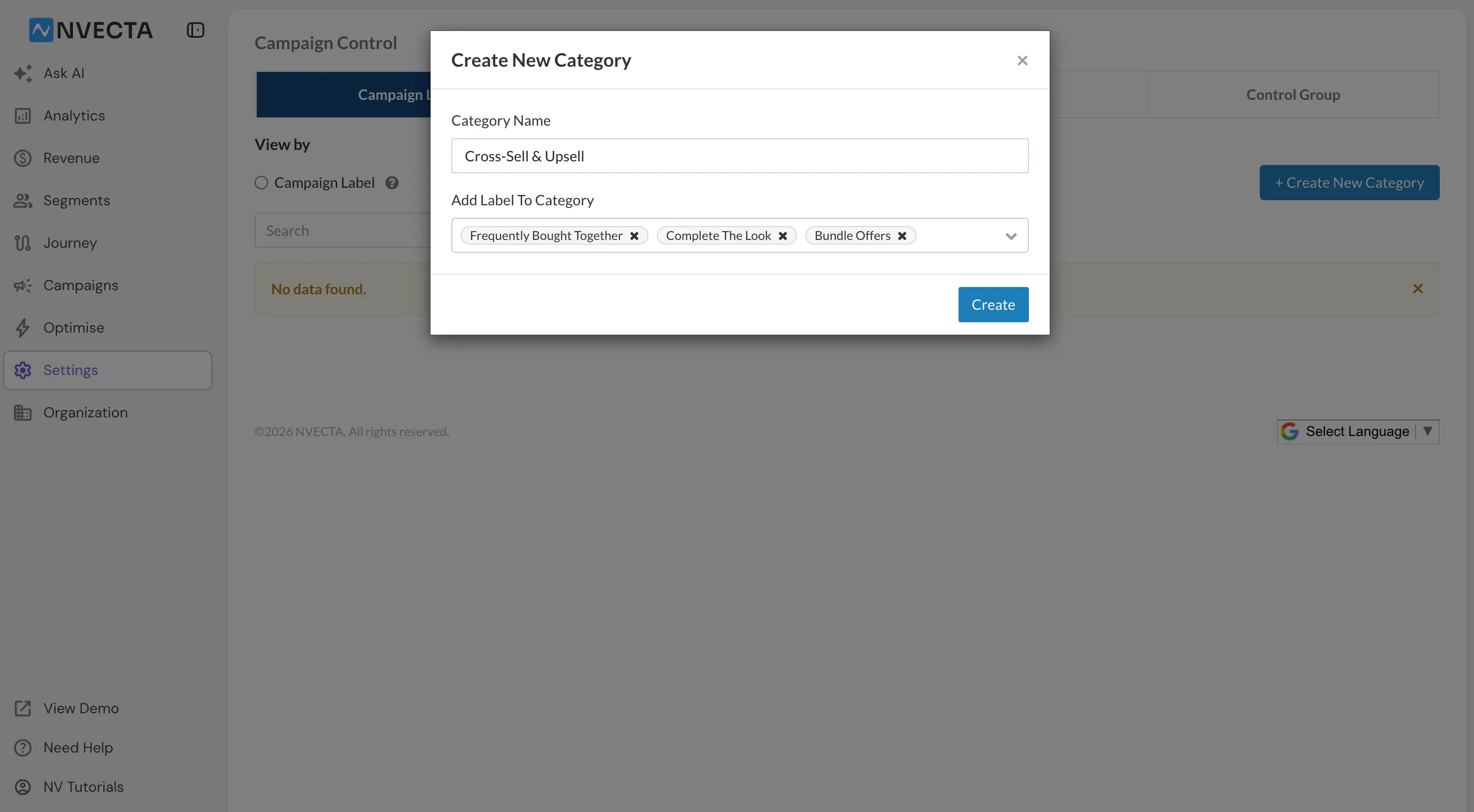 Create New Category dialog with a category name and labels selected