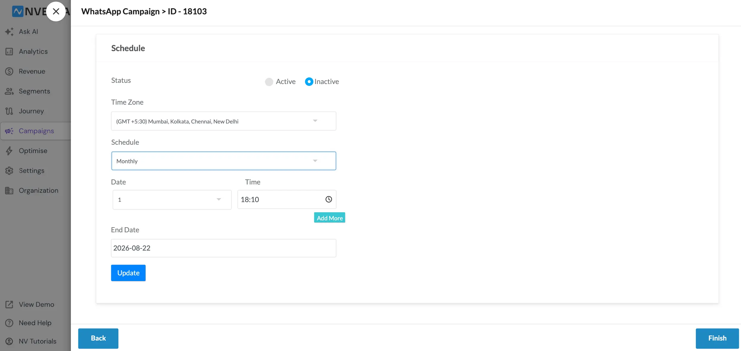 Schedule panel with Status, Time Zone, monthly Schedule, Date, Time and End Date fields