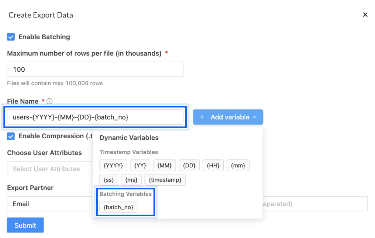 Batched export file name using the batch_no variable from the Batching Variables panel