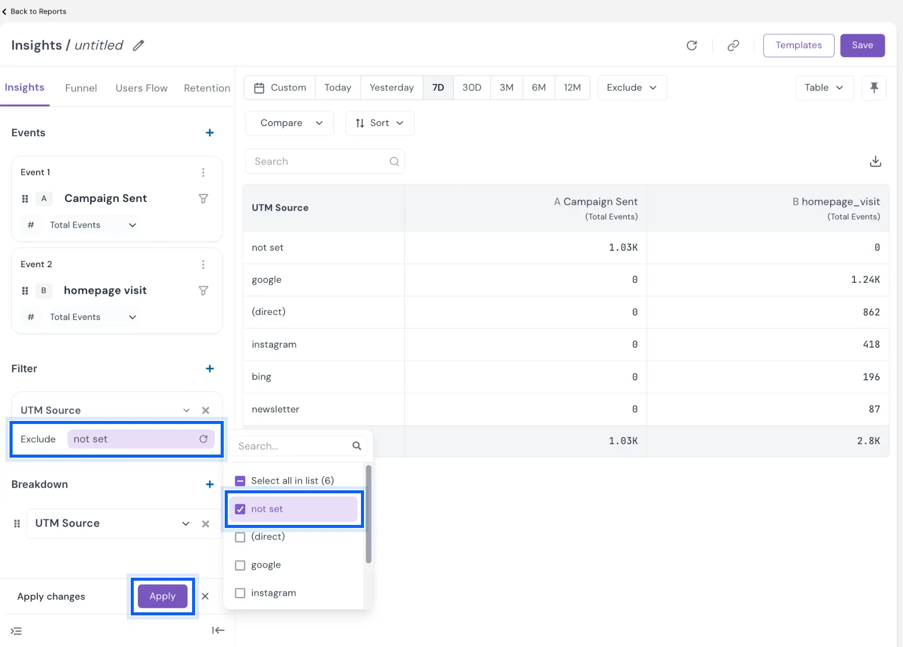 UTM Source filter set to Exclude with not set ticked and the Apply button highlighted