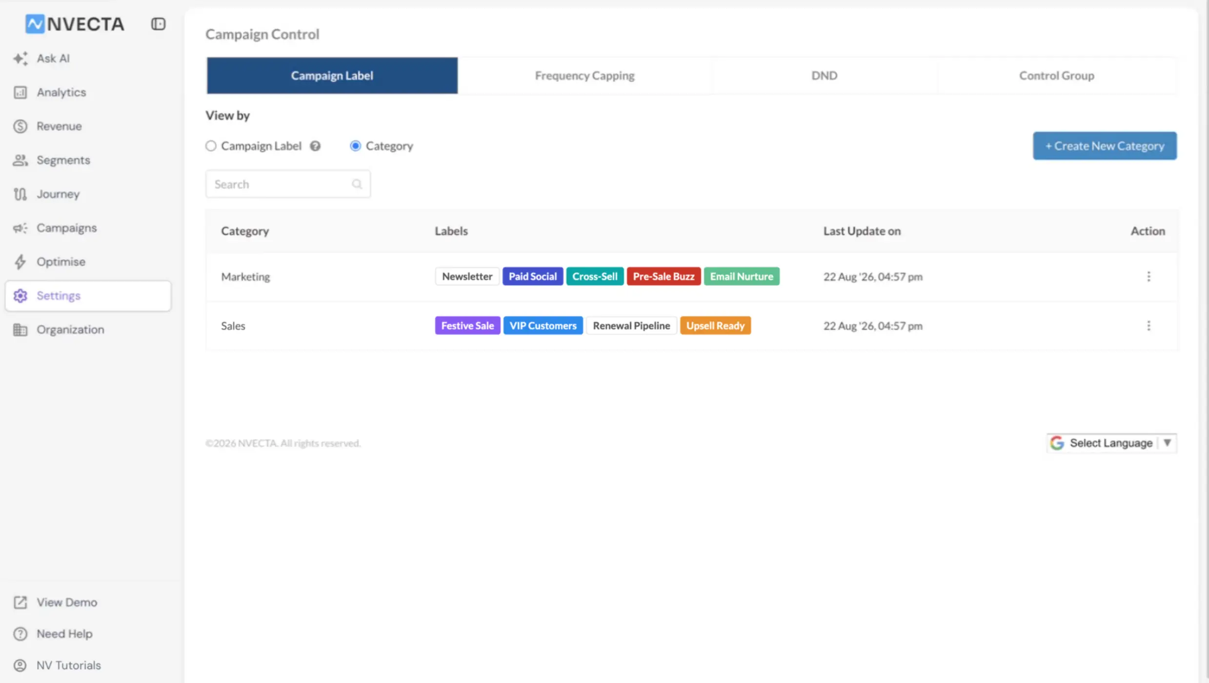 Campaign Label tab in Category view listing categories with their labels