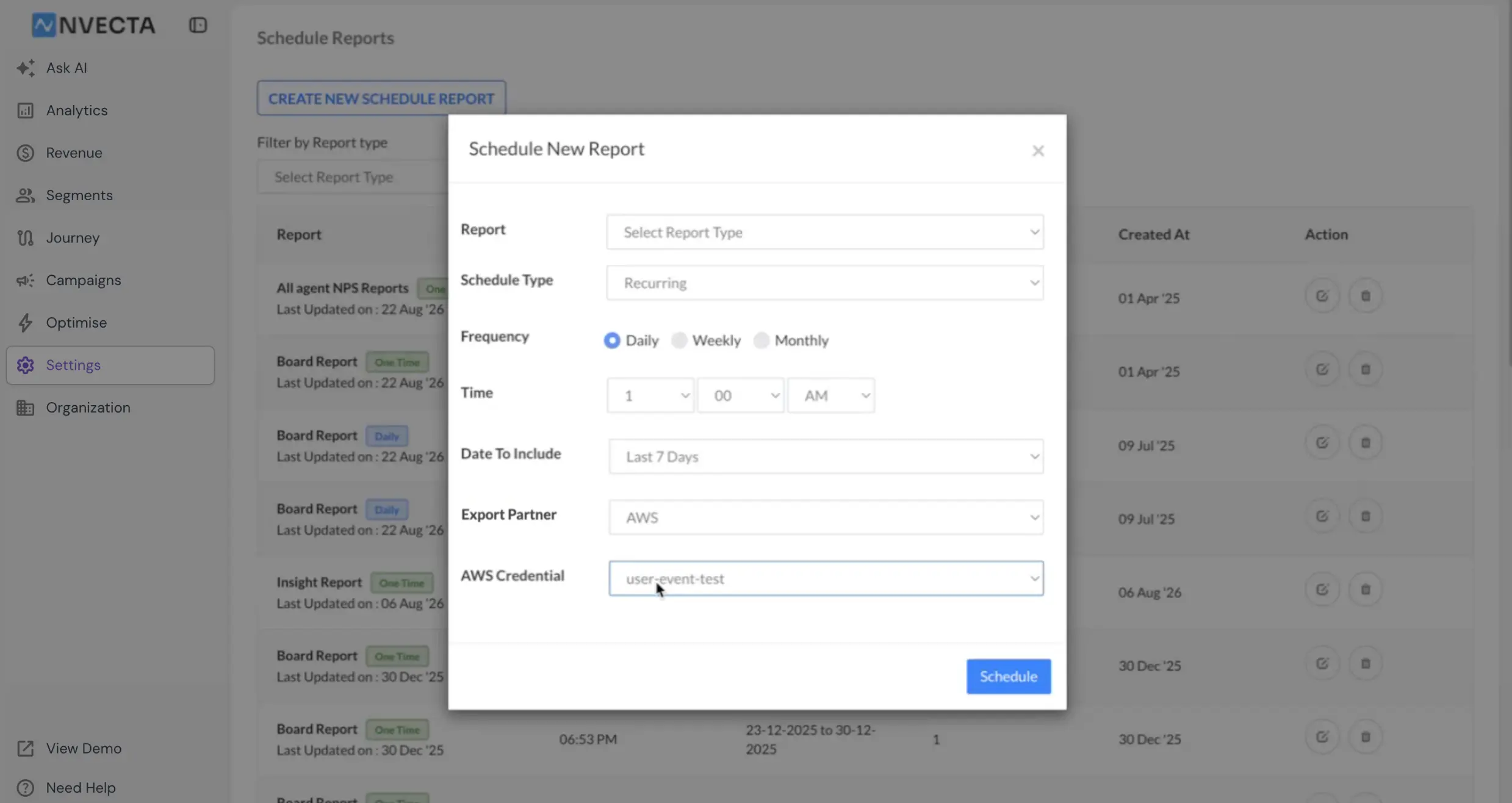 Schedule New Report dialog with Export Partner set to AWS and the AWS Credential dropdown