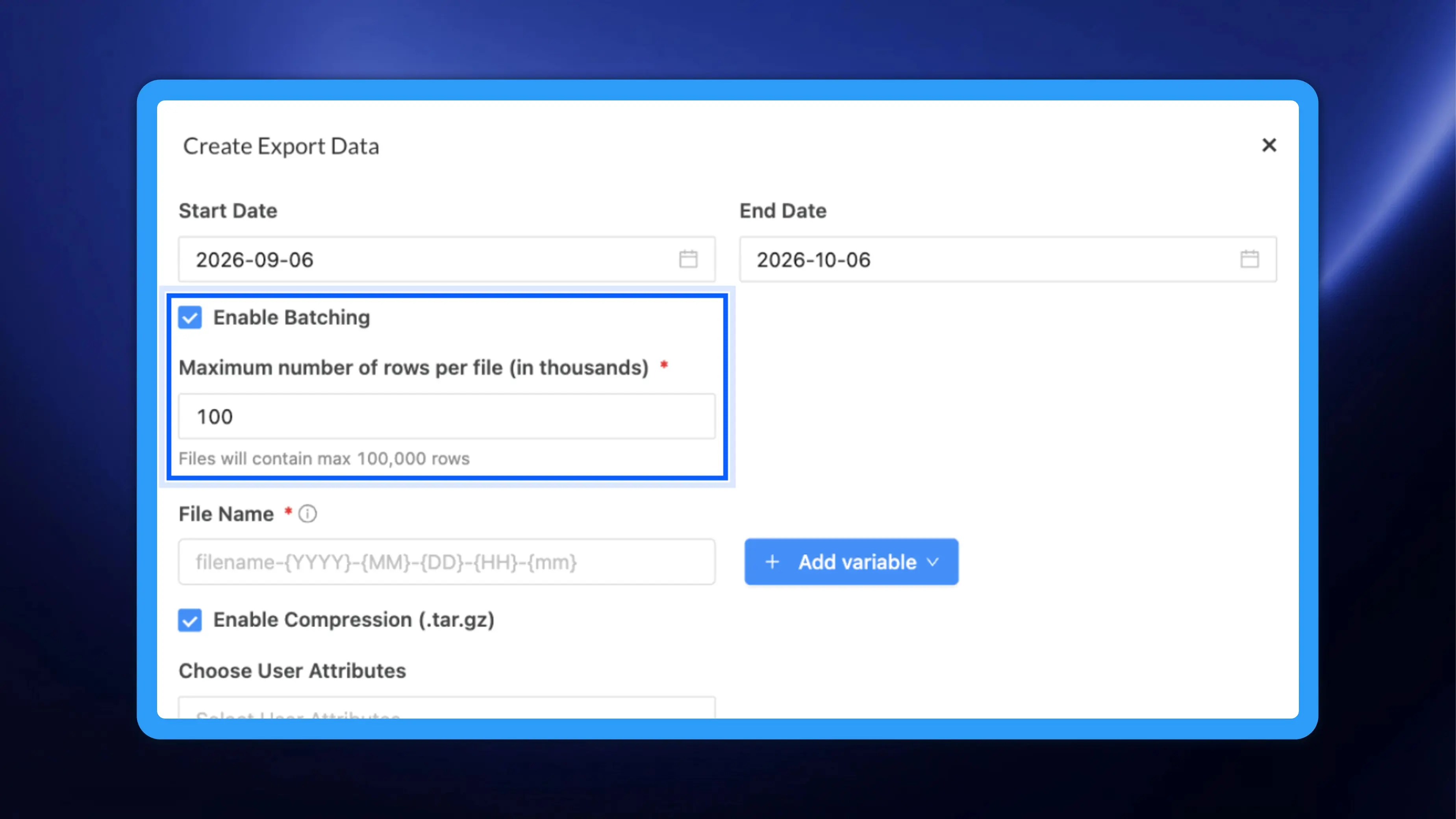 Data export: custom file names, batching and optional compression