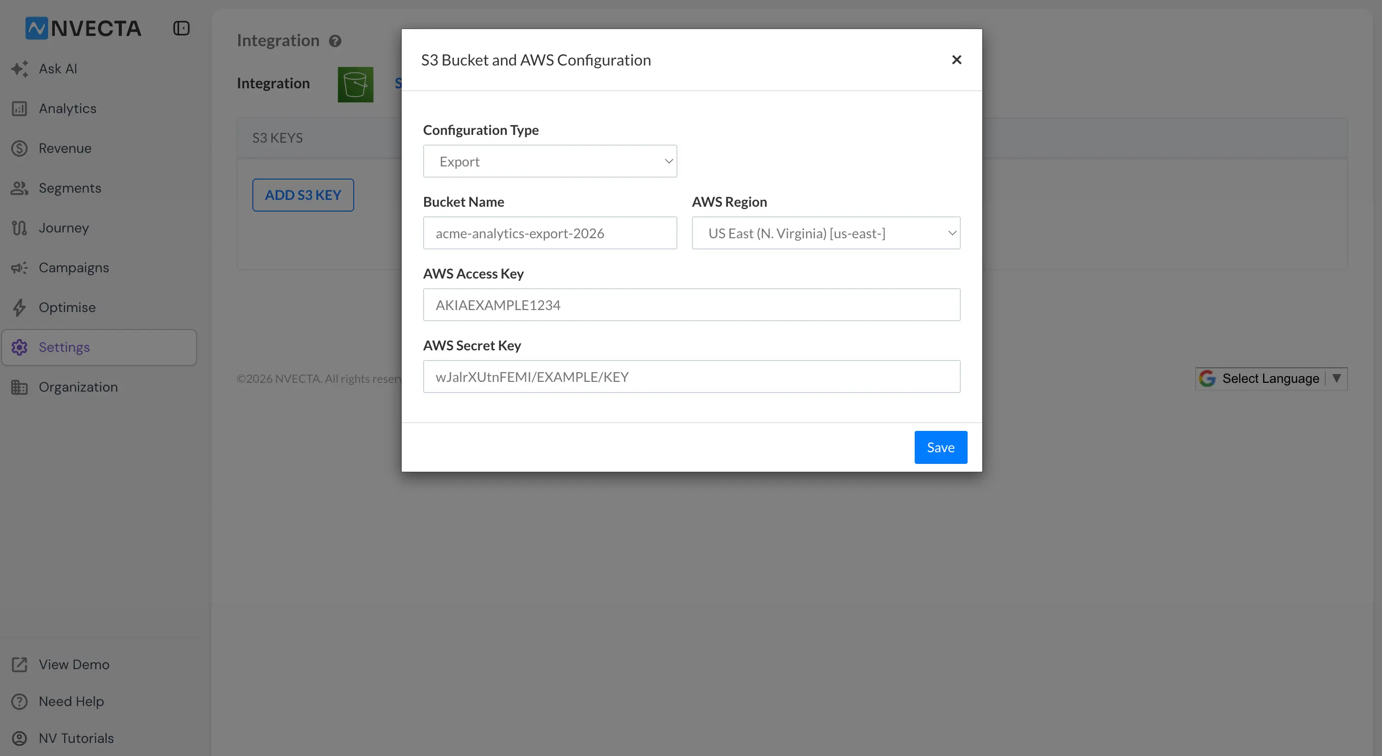 S3 Bucket and AWS Configuration dialog with bucket name, region, access key and secret key fields